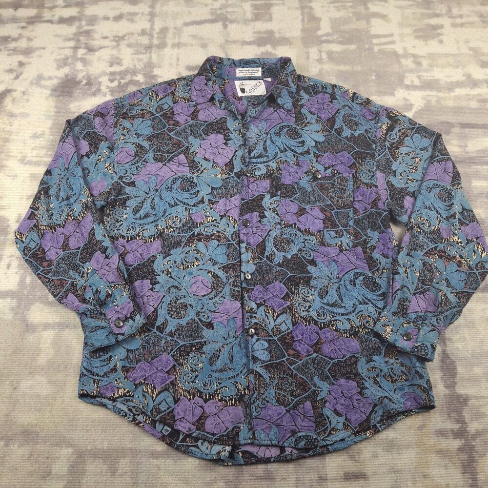 Vintage Goouch 90s Rayon Shirt Large L Long Sleeve Abstract Baroque Purple Teal